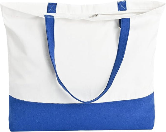 1 Pack Canvas Tote Bag with Zipper, Large Grocery Tote, Royal Blue | Reusable, washable, inner pocket, flat bottom, sturdy handle, for sublimation DIY/transfer, travel/beach/gift/Christmas craft by HWJH
