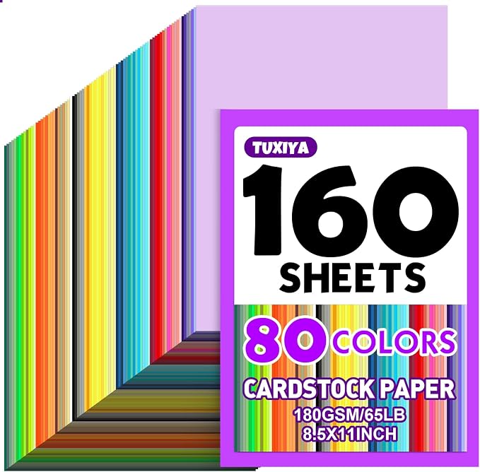 TUXIYA 160 Sheets 8.5" X 11" Colored Cardstock, 80 Colors Card Stock | 180GSM/65LB 80 Assorted Colors Construction Paper Printer Paper for Printing, Card Making, DIY Crafts, School Supplies,Party by Unknown