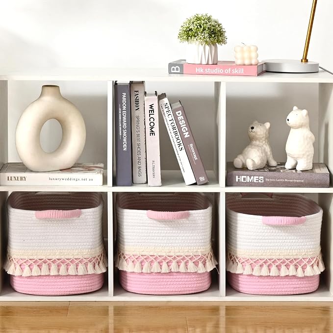 2 Pack Storage Basket for Shelves, Boho Cotton Rope Storage Bins with Heavy Tassel, Shelf Baskets Large Woven Baskets for Organizing, Cube Organizer Bins, Baby Laundry Basket for Clothes, Toys, Pets - Image 9