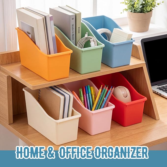 Geetery 12 Pcs Book Bin for Classroom with Labels Stackable Plastic Organizing Bins 11.5 x 5.4 x 7.5 in Book Holders Storage Bins Box Baskets for Classroom Library Home (Macaron Color) - Image 4