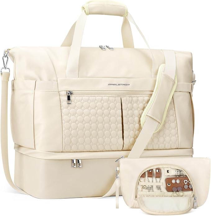 Maelstrom Gym Bag for Women,40L Travel Duffel Bag with Shoes Compartment and Wet Pocket,Waterproof Carry On Weekender Bag,Sport Gym Tote Bags Swimming Yoga, Hospital Holdalls（Beige) by Maelstrom