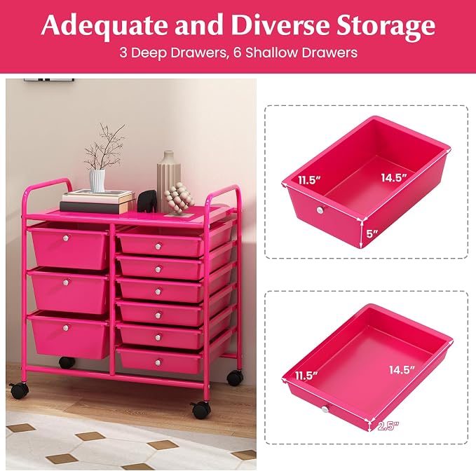 RELAX4LIFE 9 Drawer Rolling Storage Cart - Mobile Drawer Carts for Craft Art Supply Paper Salon, Utility Cart on Wheels for Classroom Teacher School Office, Rolling Cart with Drawers (Hot Pink) - Image 4