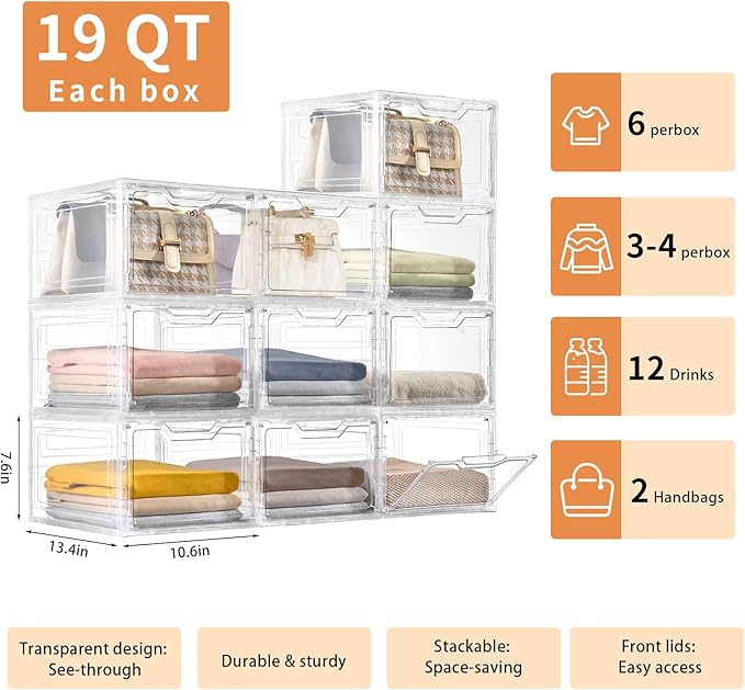 10 Pack Clear Storage Bins with Lids, 19 Qt Closet Organizers and Storage | Stackable, Magnetic Doors, Clothes Organizers and Storage, Purse Organizer, Craft Containers - Image 2