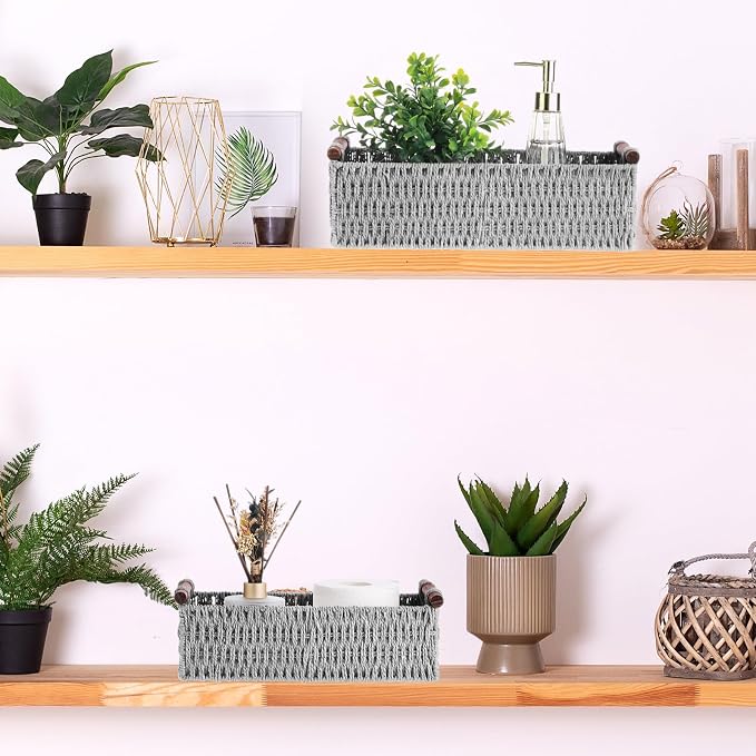 Boao 3 Pcs Boho Storage Wicker Baskets Handmade Woven Decorative Paper Rope Baskets for Organizing with Handle Countertop Toilet Paper Storage Container for Toilet Tank Top(Light Grey,Rectangle) - Image 4