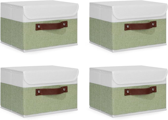 ANMINY Fabric Storage Box Bins with Lids, Green White, 10"x8"x7", 4 Pack | Keepsake Memory Storage, Cotton Linen, PP Board Reinforced, Washable, PU Handles, Foldable & Stackable, Decorative, Small by ANMINY