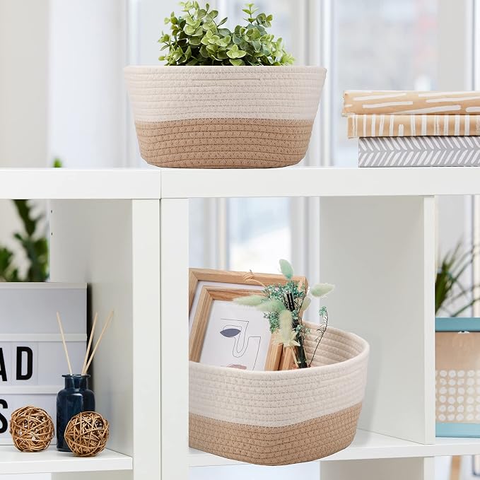 Sawysine 6 Pcs Storage Baskets Bulk for Organizing Cotton Rope Woven Basket with Handles for Gift Cloth Shelves Blanket Toys Living Room(Khaki and White) - Image 4