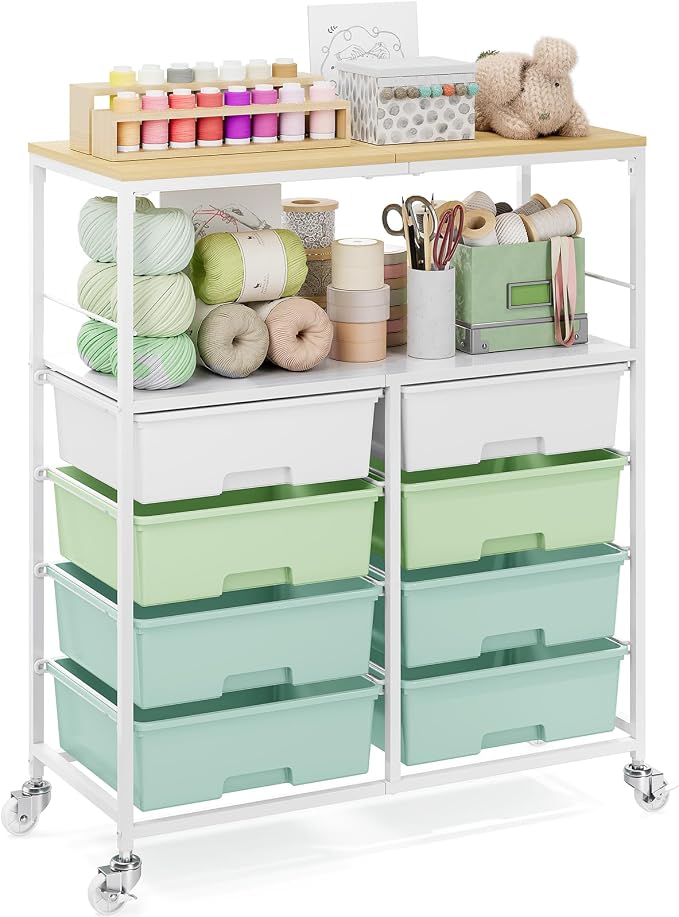 Rolling Storage Cart with 8 Large Drawers, Wooden Tabletop | Open Storage Shelves, Mobile Craft Organizer with Lockable Wheels for Home, Classroom, Office Supplies & Art Studio,Green by APEXCHASER