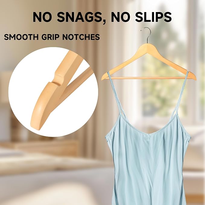 Wooden Clothes Hangers with Pants Bars, Natural Wood, 96-Pack | Heavy Duty Solid Wood Suit & Coat Hangers with Swivel Hook & Shoulder Notches, for Shirts, Jackets, Dresses & Trousers - Image 4