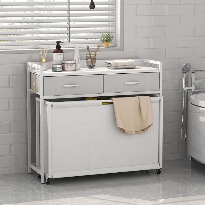 Laundry Hamper Laundry Basket with 3 Section Pull-Out Rolling Bags, Laundry Sorter for Organization and Storage with 2 Pull-Out Drawers for Laundry Room (White, 32.68'' x 31.81'' x 12.6'') - Image 3