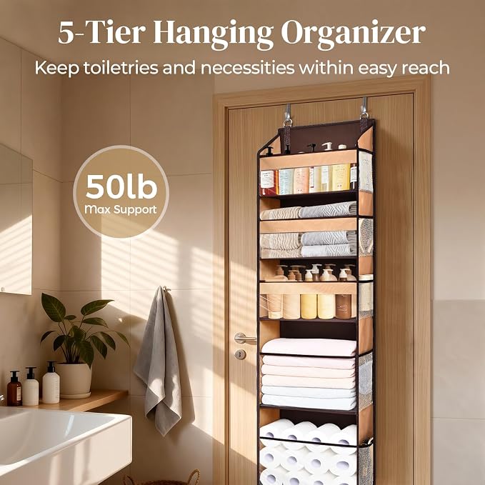 5 Tiers Over Door Organizer with 10 Mesh Side Pockets, 44 lbs Weight Capacity Hanging Storage Organizer with Clear Window Kids Toys, Shoes, Diapers, Brown - Image 3