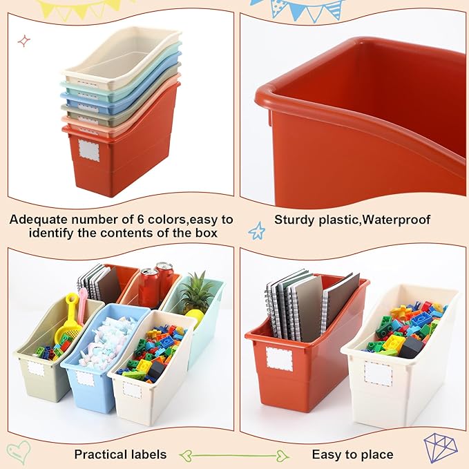 Suzile 6 Pcs Interlocking Plastic Book Bins Bulk Classroom Organizers with Labels Magazine File Holder Boho for Teacher Supplies Library Office Home Storage Container(Classic Colors) - Image 3