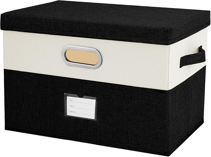 Large Linen Fabric Foldable Storage Bins with Removable Lid and Handles, Washable Storage Box Organizer Containers Baskets Cube with Cover for Bedroom,Office(Black&Cream, Large) by Unknown