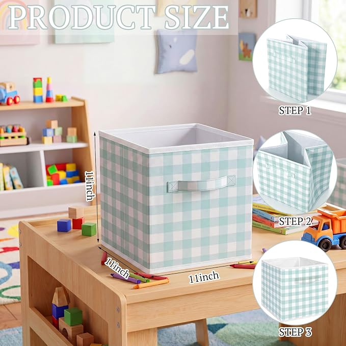 Yalikop 6 Pcs Green Gingham Cube Storage Bins, 11 Inch Fabric Checkered Classroom Storage Bins Organizer with Handle Preppy Collapsible Cubby Basket for Classroom Home Nursery Playroom Bedroom - Image 2