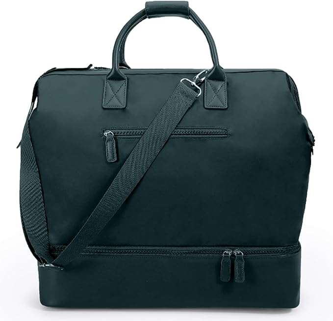 Nobl Travel Weekender Bag for Women & Men, Carry-On Duffel, Forest Green | Large Leather Overnight Tote with Trolley Sleeve, Separate Shoe Compartment & Laptop Pocket for Airplane, Gym & Road Trips by NOBL