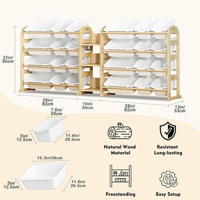 Large Wooden Toy Storage Organizer, 62" W White 3-Shelf Bookcase/Bookshelf with 24 Toy Bins, Large Toy Organizers and Storage, Toy Box for Playrooms, Bedrooms Organization - Image 2