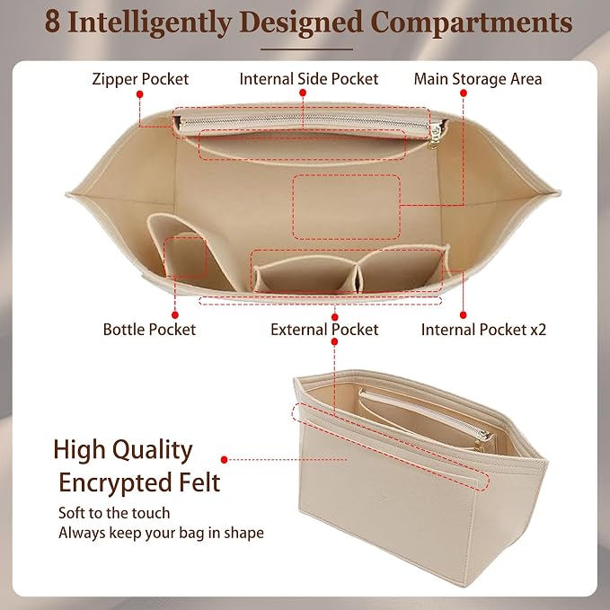 Purse Organizer Insert for Longchamp Le Pliage Tote, Large Bag Organizer with YKK Zipper Pocket & Cup Holder, Handbag Shaper for Women, Fits Original/Green/Energy L Tote, Beige-WL - Image 4