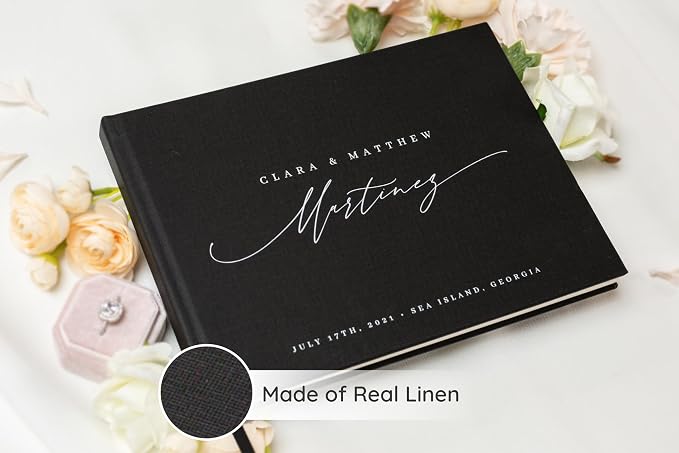 Personalized Linen Guest Book (Design 7) - 9 x 7.5 Hardcover Custom Wedding Guestbook Bride Groom First and Last Name, Reception Ceremony Engagement Party Keepsake Signing Book w/ 120 Blank Pages - Image 3