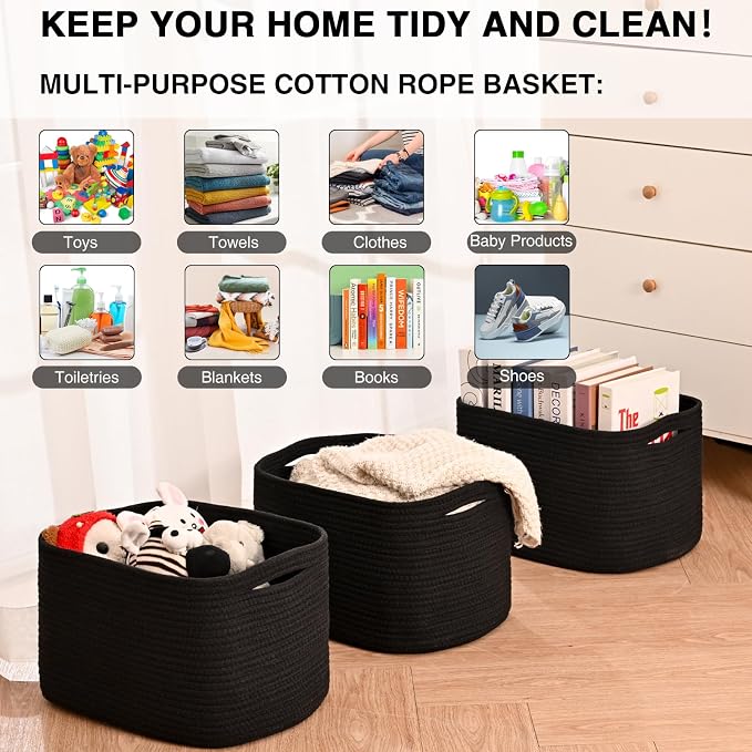 Storage Baskets for Organizing Shelves, Woven Cotton Rope Bins for Organization, Dog Toy Organizer for Shelf Living Room Bedroom, 14.8"×11"×9.5", Pack of 3, Black - Image 4