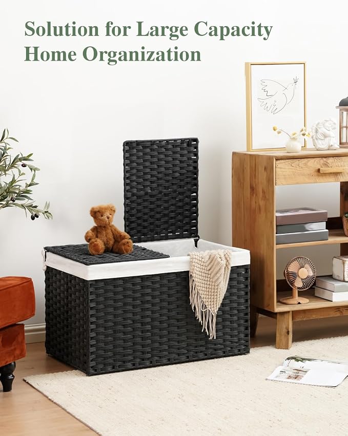 SETVSON Storage Basket with Lid Wicker Baskets for Storage, 160L Black | 42.3 Gallon Dual Lid Jumbo Blanket Storage Trunk, Divided Clothes Organizer, 2 Washable Liner Bags, Collapsible PE Rattan Bin - Image 3