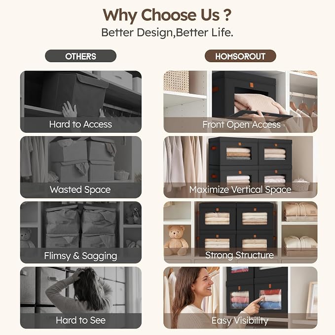 Storage Bins with Lids - Front Opening Storage Box with Clear Window & Handles, Stackable Foldable Fabric Bins for Closet Organization, Clothes, Sweaters, Towels, Blankets, 3 Pack, Black - Image 7