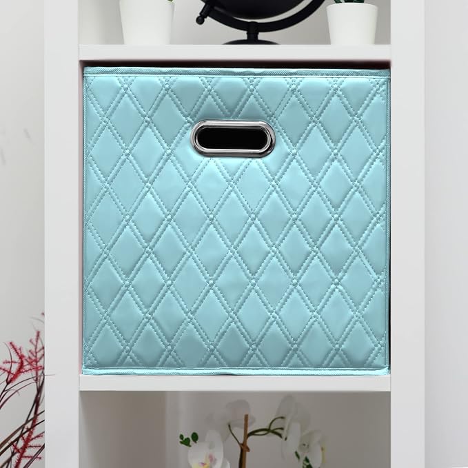 Small 11-inch Blue Foldable Diamond Patterned Faux Leather Storage Cube Bins Set of Four with Handles with Dual Handles for living room, bedroom and office storage - Image 2