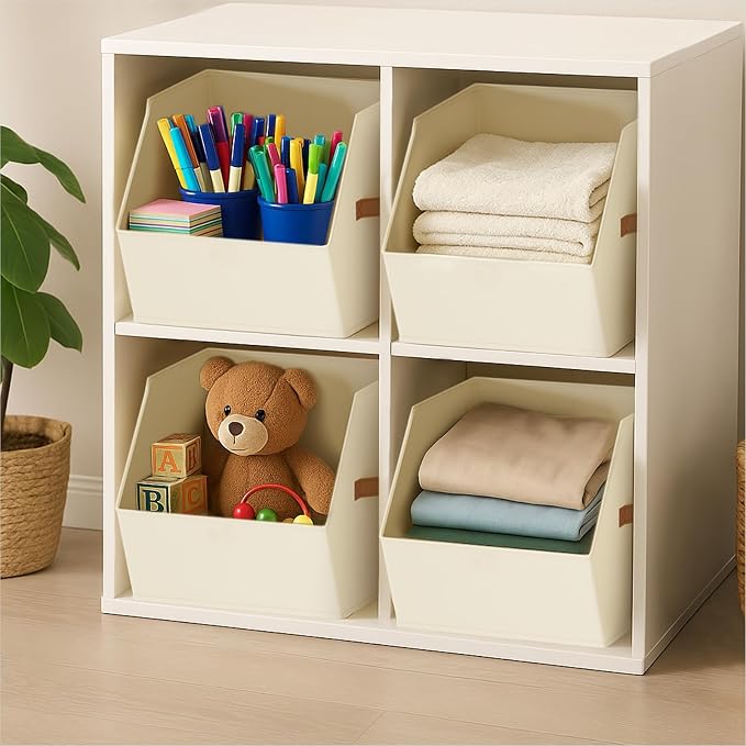 Large Closet Storage Cubes - Closet Storage Bins with Dual Handles for Clothes, Towels, Toys, Shelf Organizer Bins for Bedroom, Nursery, Shelves, Small Spaces, Beige, 4 Pack - Image 8