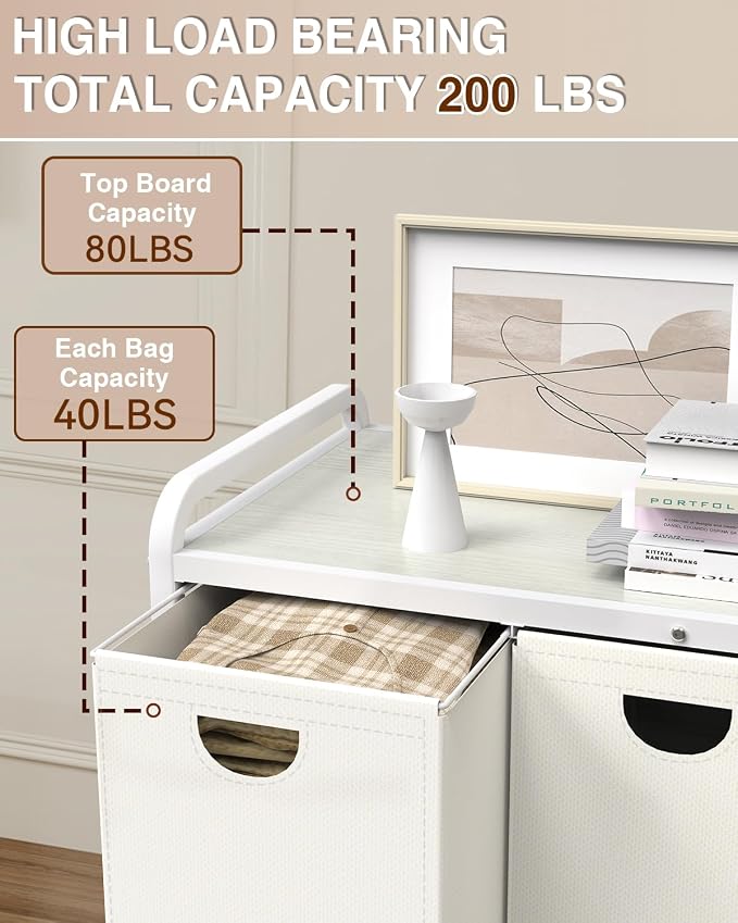 Laundry Hamper 3 Section,Laundry Basket with Wheels,3×15.8 Gal (60L) White | Laundry Room Organization with Wooden Desktop Shelf,Pull-Out and Removable 900D Oxford Fabric Laundry Bags for Laundry Room - Image 2