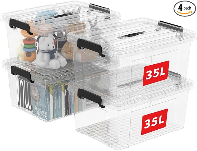Cetomo Lidded Storage Bin with Handle, Storage Bins with Lid, Organizing Container with Secure Latching Buckles, Stackable and Nestable, Plastic, 40 Quart-4 Pack, Clear by Cetomo