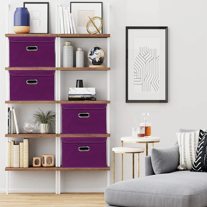 STOREONE Fabric Storage Cube Bins Foldable Organizer Container Collapsible Basket with Lids and Metal Handles, for Home, Bedroom, Closet 3 Pcs (Purple) - Image 4