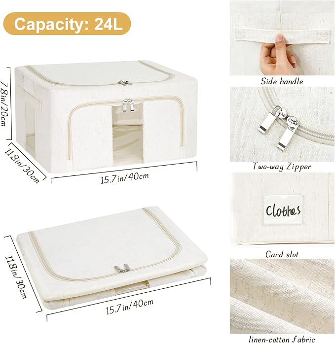 3 Pack Clothes Storage Bins with Metal Frame,Foldable Storage Bin with Lid for Clothes,Stackable Cotton Linen Fabric Organizer Set with Carrying Handles and Clear Window(Beige, 24L) - Image 4
