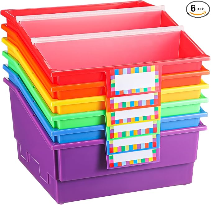 Lineshading 6 Pack Picture Book Organizer Bins with Dividers Large Plastic Book Holders with Labels Multi Purpose Classroom Organization Bins Storage Container(Rainbow Color,13.5 " X 13.5 " X 7.75") by Lineshading