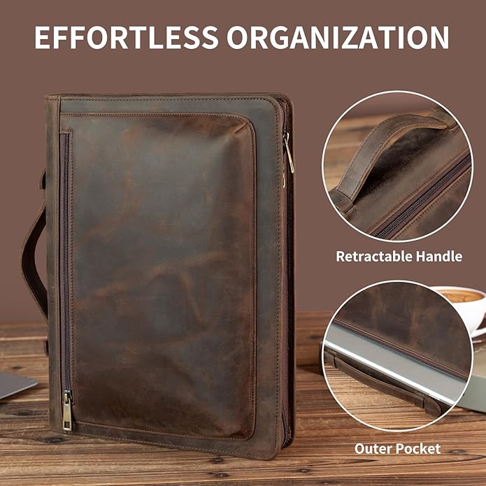 YIWEN Leather Portfolio with Handle, Zippered Front Pocket and Clip - Image 6