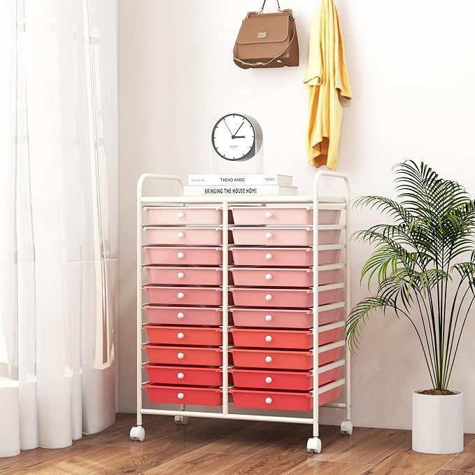 RELAX4LIFE 20 Drawer Rolling Storage Cart, Mobile Rolling Cart w/Drawers for School Classroom Teacher Office Home Salon, Paper File Art Supply Craft Organizer, Utility Cart on Wheels (Gradient Pink) - Image 9