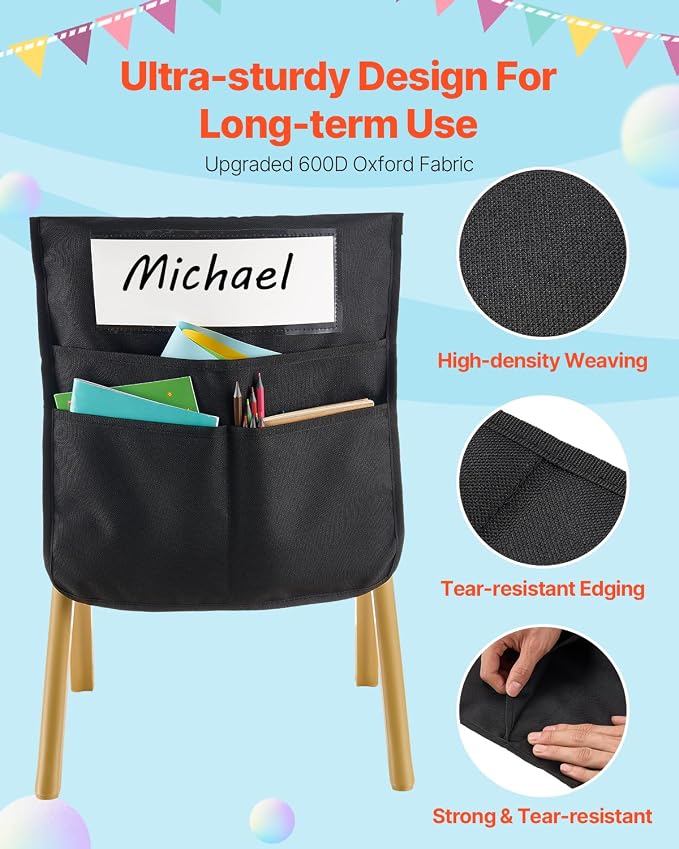 VEVOR Chair Pockets for Classroom, 24 Pack, 14 x 15 Inches Chairback Buddy Pocket with Name Tag, Back of Chair Organizer for Kids in Classroom, Kindergarten, School, and Home, Black - Image 4
