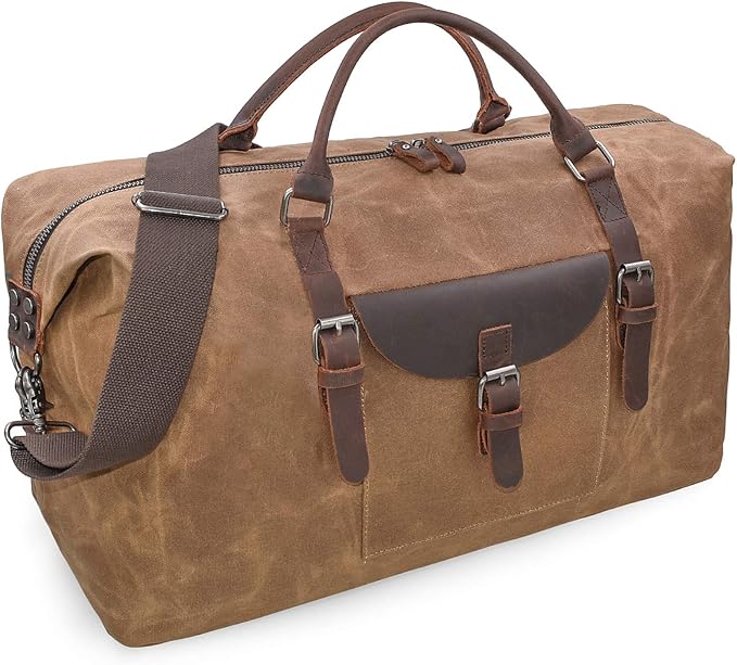 NEWHEY 55L Travel Duffel Bag, Waterproof Waxed Canvas & Leather Weekender Bag for Men, Large Carry-on Overnight Bag for 4-5 Day Business Trips & Weekend Getaways, Brown by NEWHEY