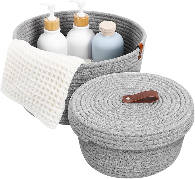 Cabilock Rope Storage Basket Set with Lid Woven Cotton Rope Organizer Baskets for Nursery Home Office and Laundry Includes Large 10.62In and Small Storage Bins for Shelf and Closet Organization by cabilock