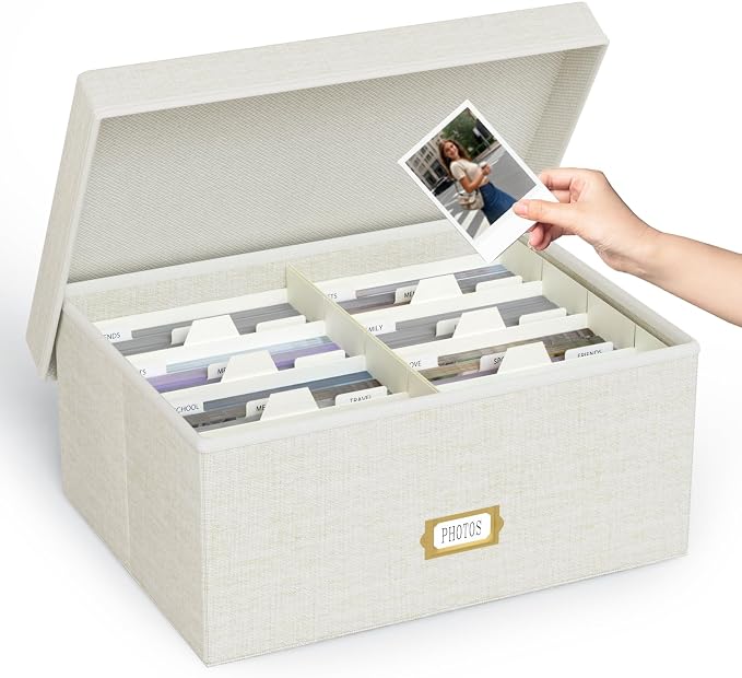 Decorative Photo Storage Box, Linen Photo Box Holds 1700 5x7 Pictures Beige | Photo Storage Containers with 8 Dividers, Memory Keepsake Organizer for Photos, Scrapbook Supplies, Cards, Stamps,Archive Box by JOLENSOY