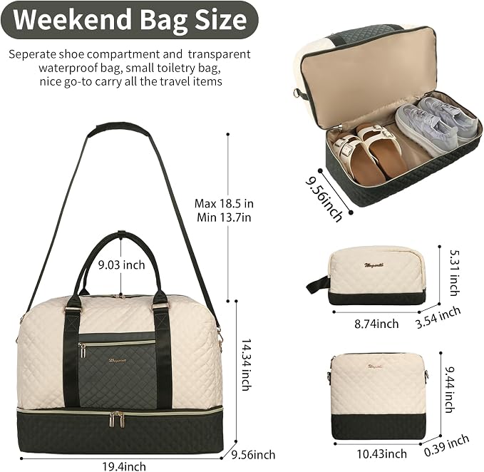 3PCS Weekender Bags for Women Large Overnight Bag, Black Beige Green | Weekender Travel Duffel Bags Carry on Shoulder with Shoe Compartment Toiletry Bag Satchel Bag for Travelling Business Gym - Image 3