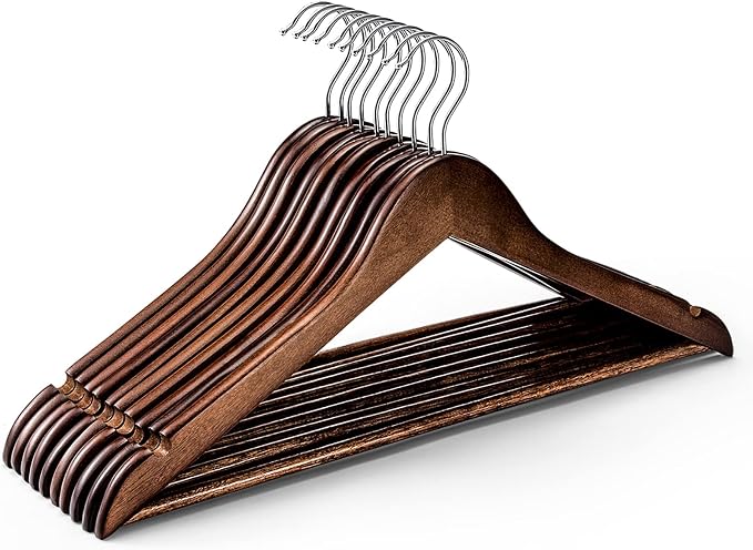 HOUSE DAY Premium Wooden Hangers 10 Pack, 17.5" Smooth Wood Clothes Hangers | with Non-Slip Pants Bar, Shoulder Notches, 360° Swivel Hook for Suits, Coats, Shirts and Dresses, Walnut by HOUSEDAY
