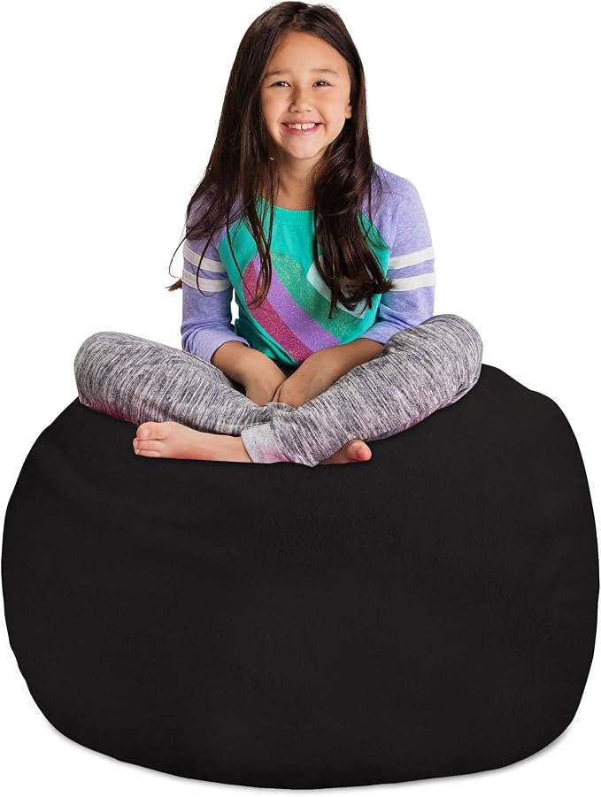 Posh Creations Stuffable Kids Stuffed Animal Storage Bean Bag Chair Cover - Childrens Toy Organizer, Large 38" - Soft Faux Rabbit Fur Black by PoshCreations