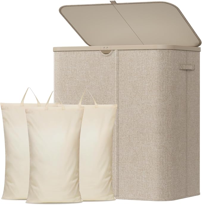 Lifewit 165L 3 Section Laundry Hamper with Lid, Laundry Basket, Beige | Large Foldable Laundry Sorter with 3 Removable Bags, Tall Clothes Hamper for Bedroom and Bathroom by Lifewit