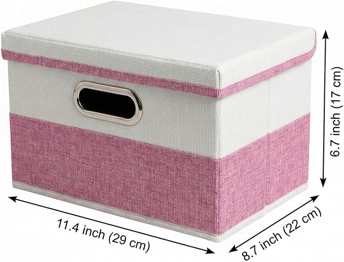 Storage Bins with Lids [3-Pack] Linen Fabric Foldable Storage Boxes Organizer Containers Baskets Cube with Cover for Bedroom Closet Office Pink&White（11.4X8.6X6.7 - Image 2