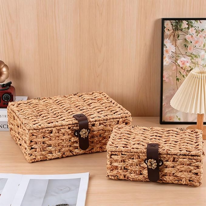 Water Hyacinth Wicker Storage Box with Lid （Large） | Hand woven decorative storage basket for shelf coffee table console home decor - Image 5