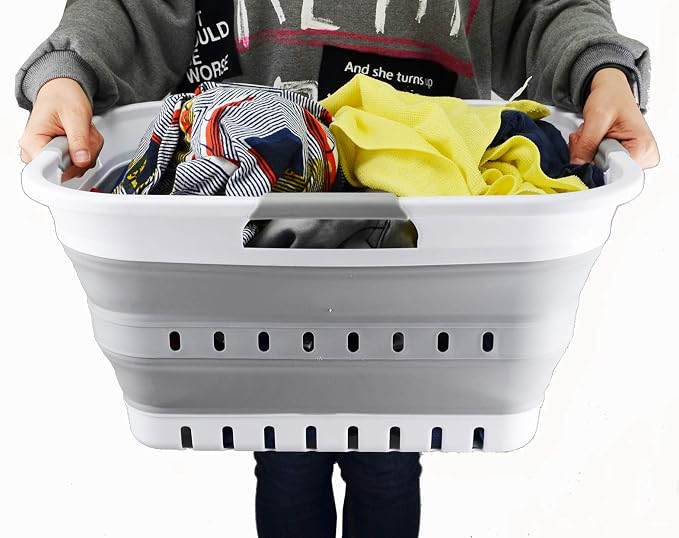 SAMMART Set of 2-30L (8 gallon) Collapsible Plastic Laundry Basket - Foldable Pop Up Storage Container/Organizer - Space Saving Hamper/Basket (2, White/Grey) - Image 5