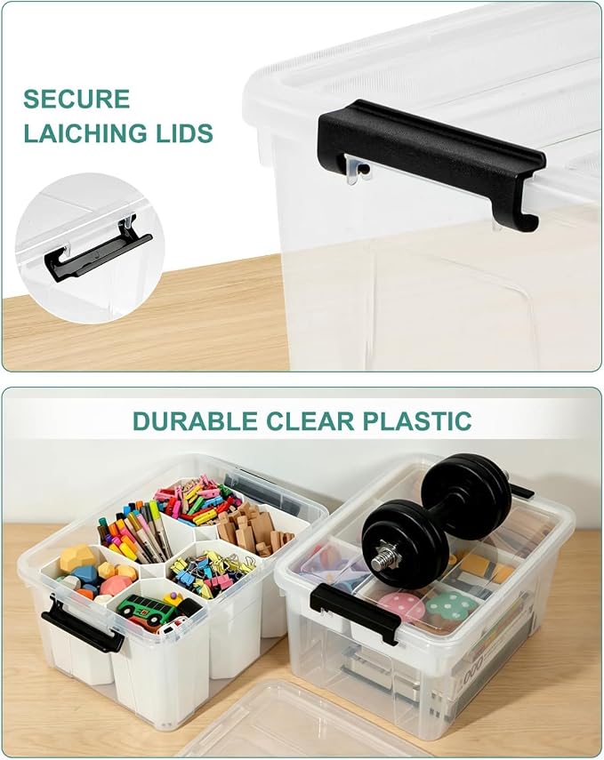 NUMIFUN 17QT Clear Storage Bins with Lids & Dividers for Crafts | Stackable 17-quart transparent box featuring 6 tall removable inserts. Perfect for organizing crafts, tools, toys & crayons - Image 5
