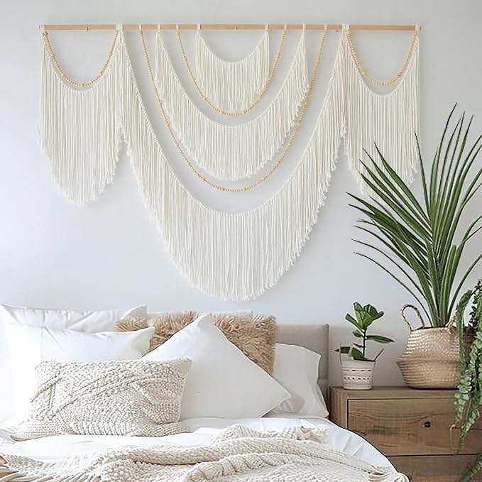 Macrame Wall Hanging Boho Yarn Art Tassel Beaded Handmade Decor 57"W*41"L | Fiber Wall Hanging, Large Wall Decor, Handmade Textile Art, Cotton Rope Craft, Beaded Tassel Accent, for Living Room Bedroom - Image 4