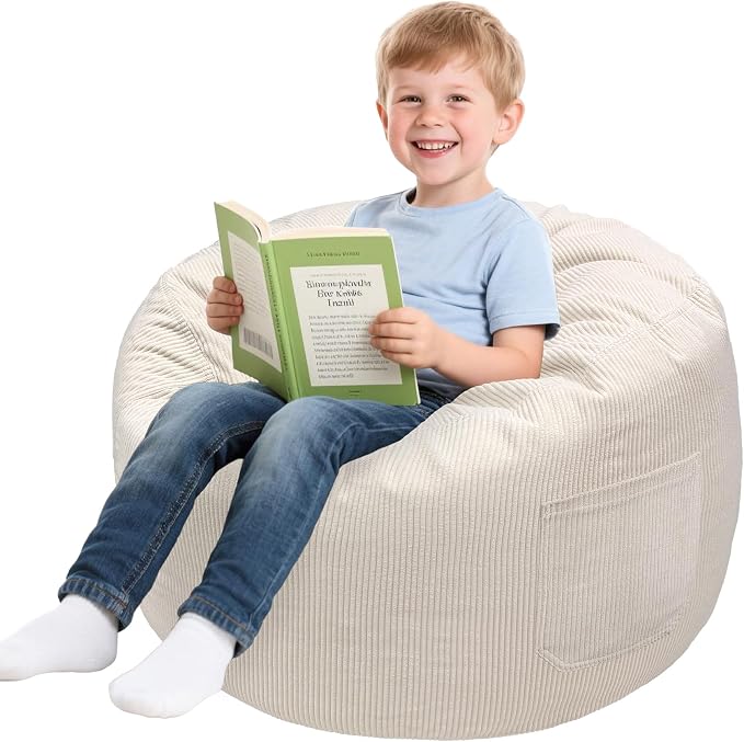 Lukeight Bean Bag Chair for Kids and Teens, Memory Foam Filled Floor Lounger, Washable Velvet Cover with Inner Liner, Beanbag Chair with Filling for Gaming and Reading, Beige, Large 27" D x 16" H by Lukeight