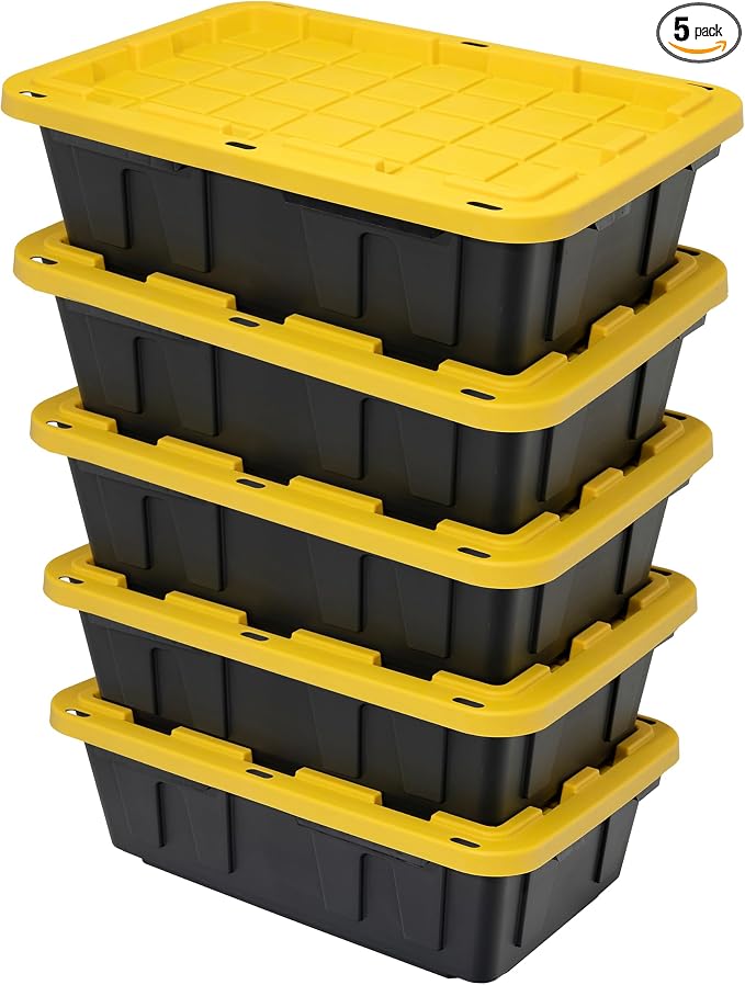 CX Heavy Duty 15-Gallon Stackable Plastic Storage Bins with Lids, 5 Pack | Storage totes for garage organization, Stackable containers, weather-resistant, snap lid, 9.5H x 20.6W x 30.6D, Black/Yellow by BLACKYELLOW
