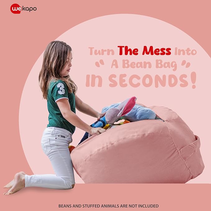 WEKAPO Stuffed Animal Storage Bean Bag Chair Cover for Kids | Stuffable Zipper Beanbag for Organizing Children Plush Toys Large Premium Cotton Canvas (Solid Pink, X-Large) - Image 3