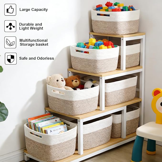 6 Pack Woven Rope Baskets, 12.6"×9"×7.8" Storage Bins, White&Brown | Storage Boxes for Toys, Books, Towels, Clothes, Shelf Baskets Organizer,Empty Gift Baskets for Living Room, Bathroom, Bedroom - Image 4